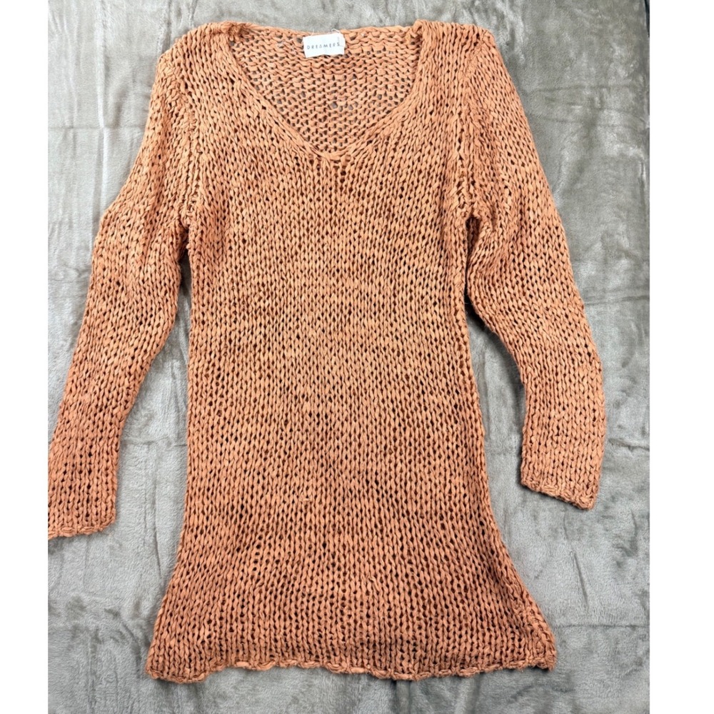 Boho Dreamers Womens Terracotta Orange Open Knit‎ V-Neck Tunic Sweater SM Beach